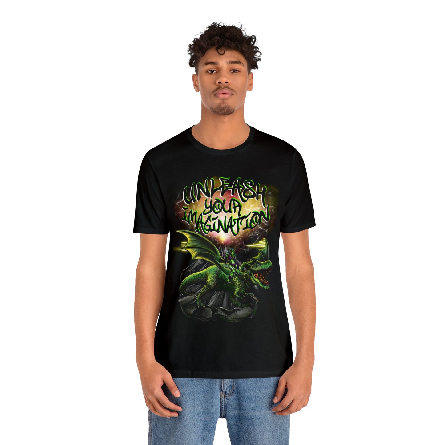 Unleash your Imagination, Green letters. Unisex Jersey Short Sleeve Tee