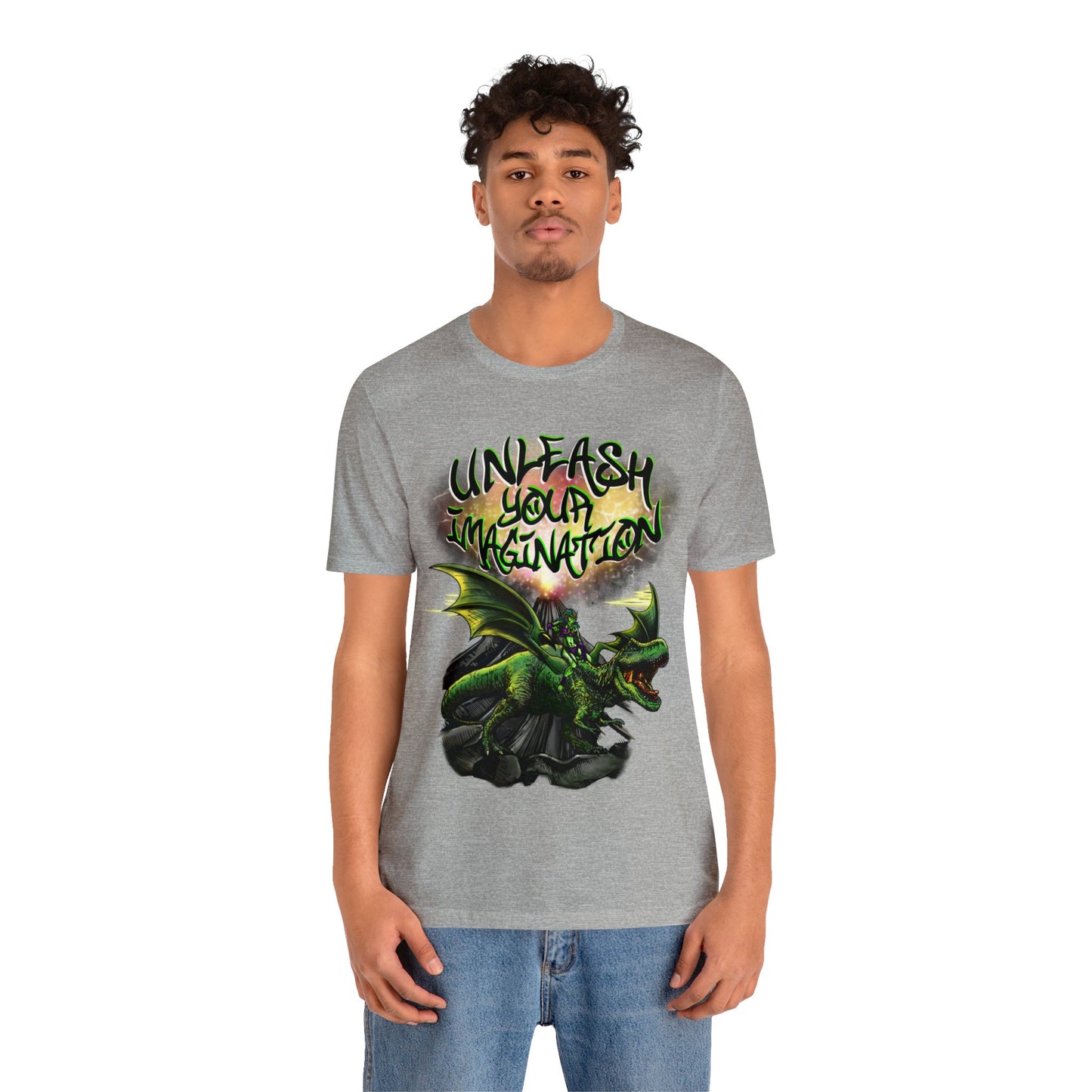 Unleash your Imagination, Green letters. Unisex Jersey Short Sleeve Tee