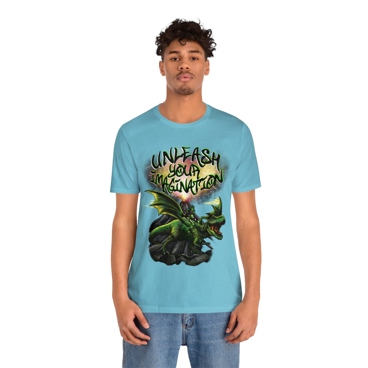 Unleash your Imagination, Green letters. Unisex Jersey Short Sleeve Tee