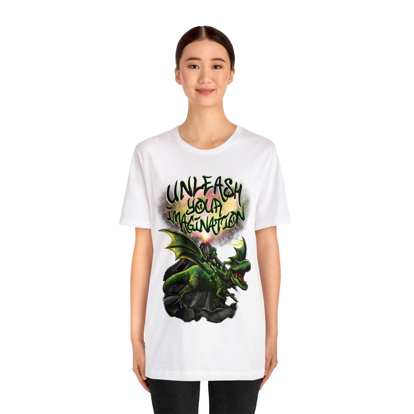 Unleash your Imagination, Green letters. Unisex Jersey Short Sleeve Tee