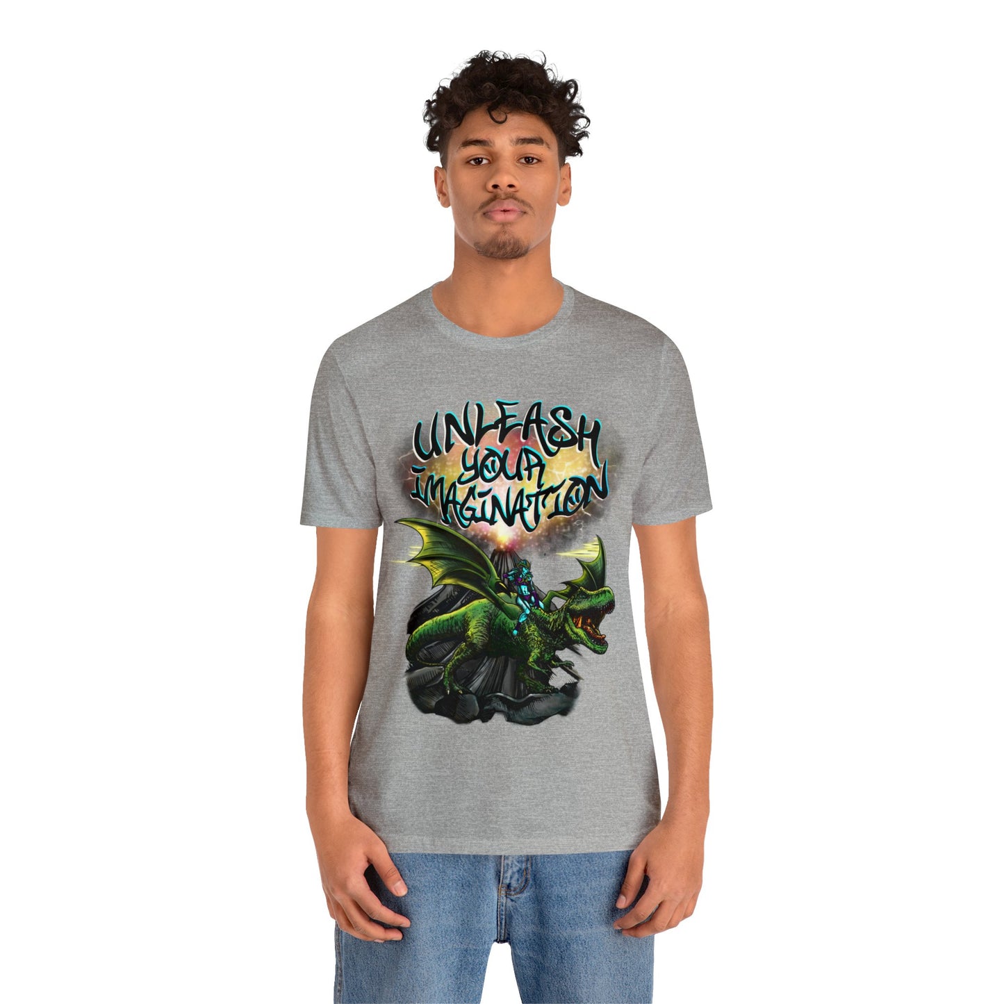 Unleash your Imagination, Blue letters. Unisex Jersey Short Sleeve Tee