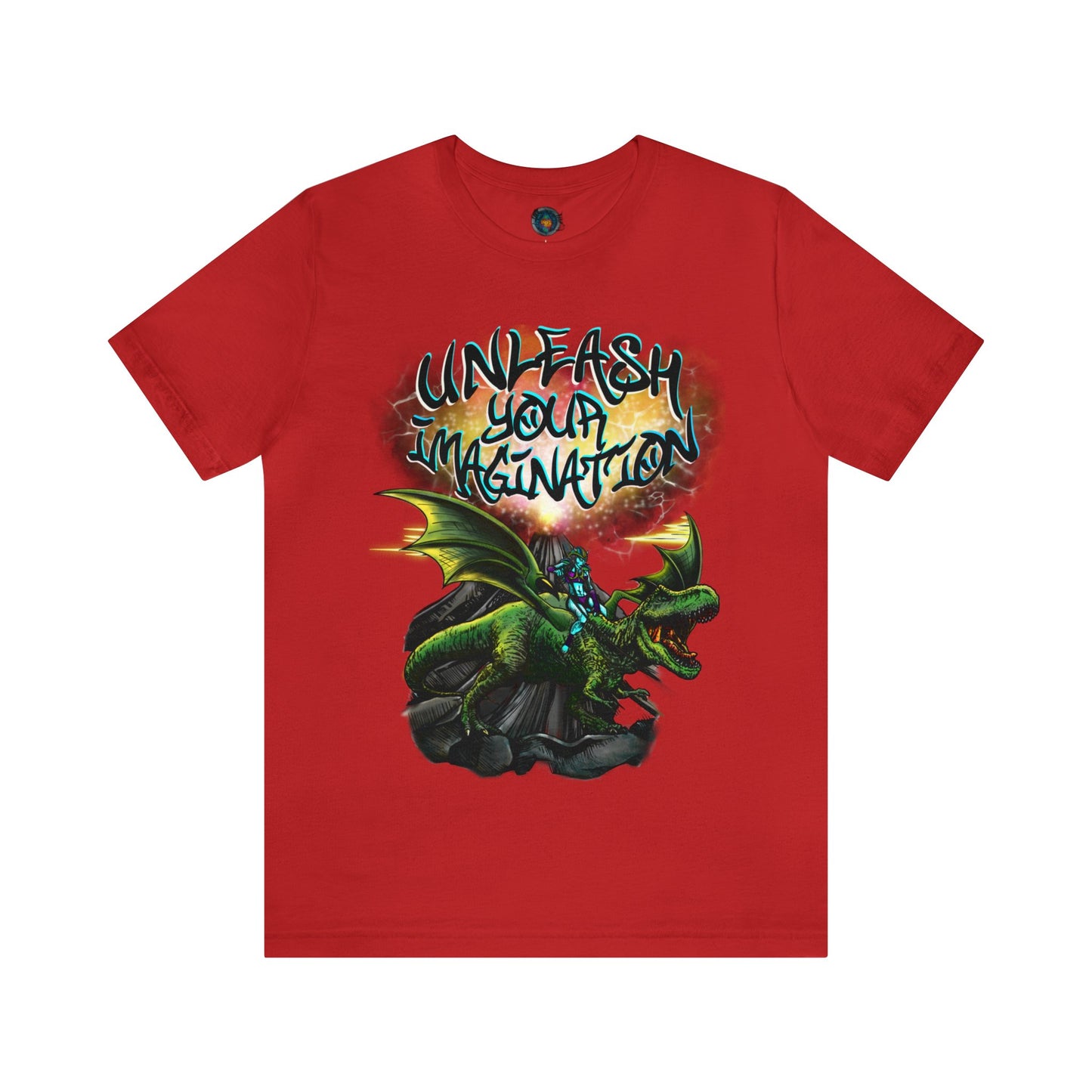Unleash your Imagination, Blue letters. Unisex Jersey Short Sleeve Tee