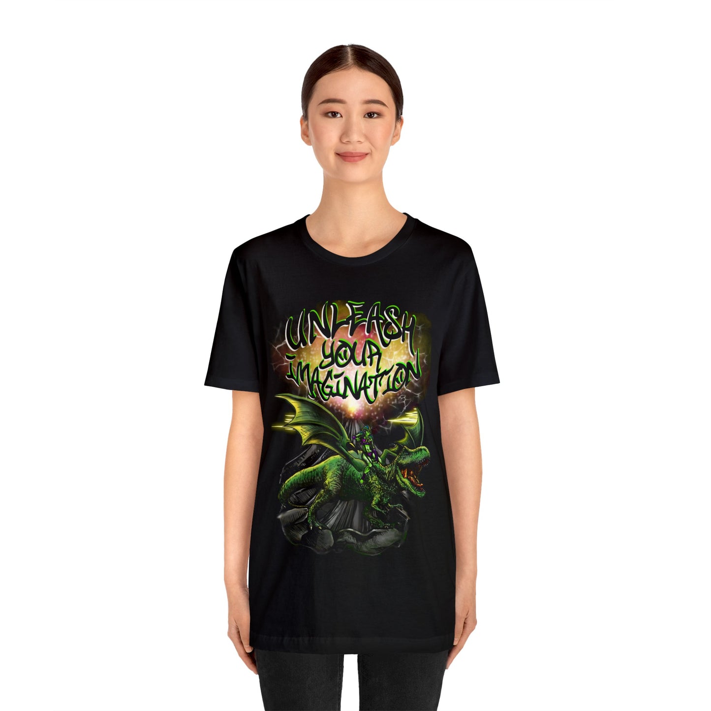 Unleash your Imagination, Green letters. Unisex Jersey Short Sleeve Tee