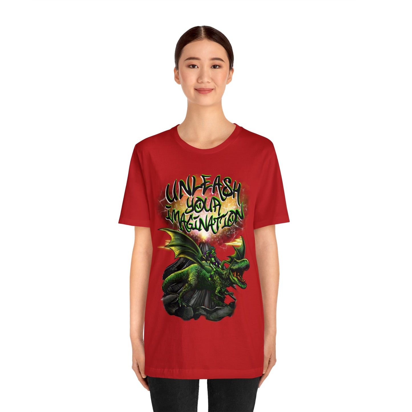 Unleash your Imagination, Green letters. Unisex Jersey Short Sleeve Tee