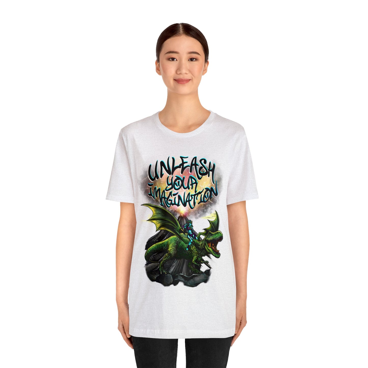 Unleash your Imagination, Blue letters. Unisex Jersey Short Sleeve Tee