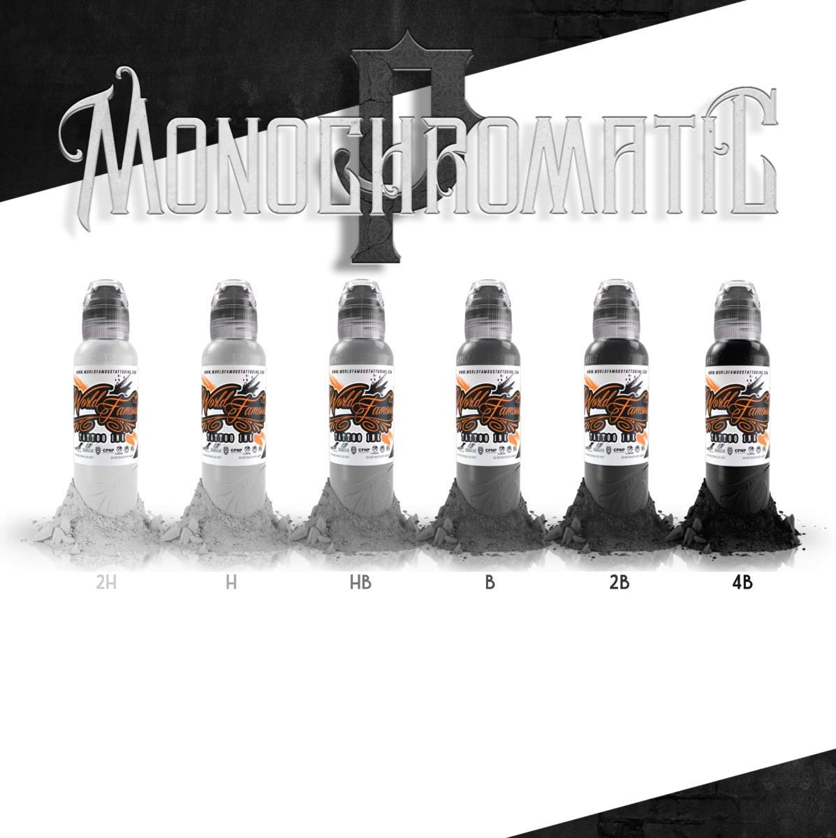 World Famous Tattoo Ink - Poch Monochromatic Tattoo Kit of 6 Tattoo Ink - Professional Tattoo Ink in Grey & Black Shades - Skin-Safe Permanent Tattooing - Vegan & Non-Toxic (1 oz Each)
