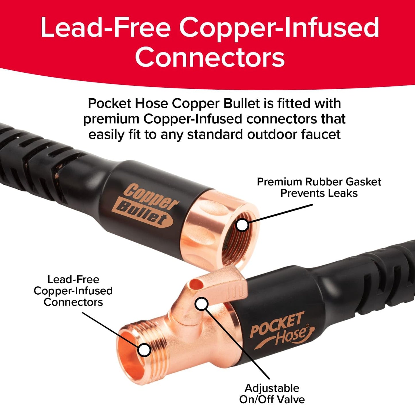 Pocket Hose Copper Bullet Expandable Garden Hose 50 FT w/10 Pattern Thumb Spray Nozzle AS-SEEN-ON-TV 650psi 3/4 in Patented Lead-Free Ultra-Lightweight Solid Copper Anodized Aluminum Fittings No-Kink