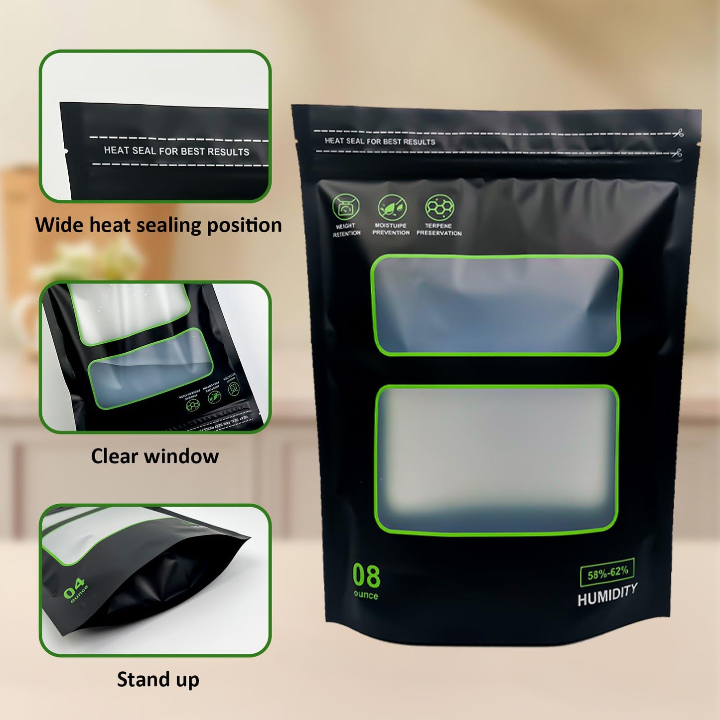 10 Pcs 1/4 LB Storage Terp Bags 58%-62% RH 2-Way Humidity Control Bags for Curing & Storage Resealable Humidity Bags (4 oz, 1/4 lb)