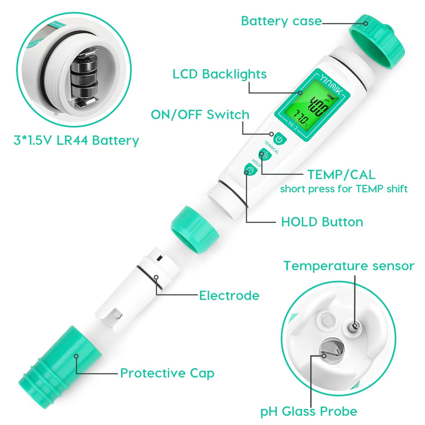 YINMIK Digital pH Meter with Extra Replaceable Probe, Pocket pH Tester for Hydroponics, Accurate Water Tester for Swimming Pool Hot Tub Aquariums Home Wine Brewing