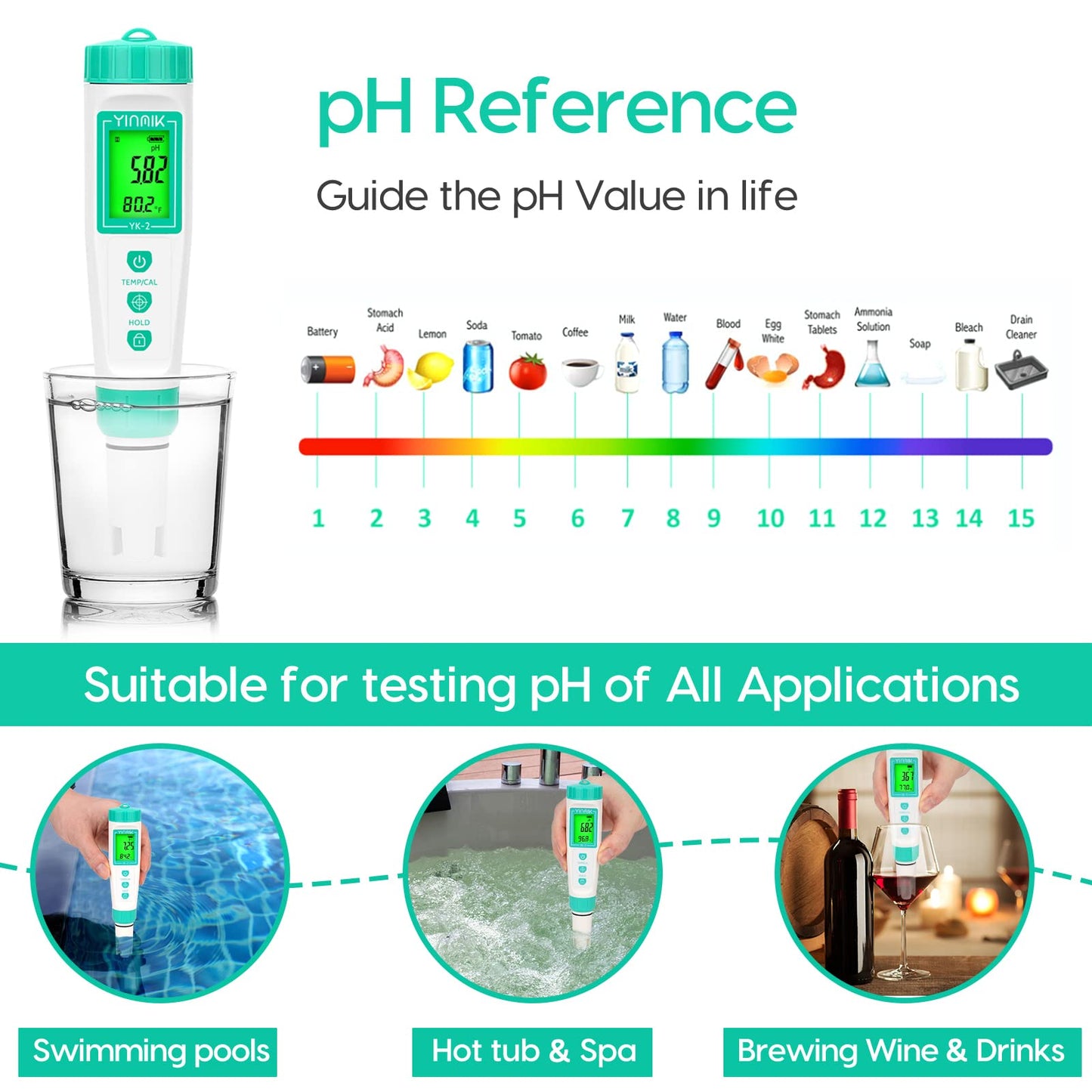 YINMIK Digital pH Meter with Extra Replaceable Probe, Pocket pH Tester for Hydroponics, Accurate Water Tester for Swimming Pool Hot Tub Aquariums Home Wine Brewing
