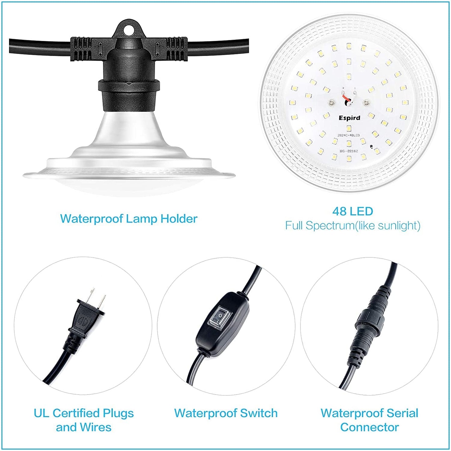 Espird LED Grow Light Plant Growing Lamps with Timer, Outdoor Waterproof Grow Light String Grow Lights for Greenhouse, Full Spectrum Grow Light for Seeding Veg Flowers 12 Lights