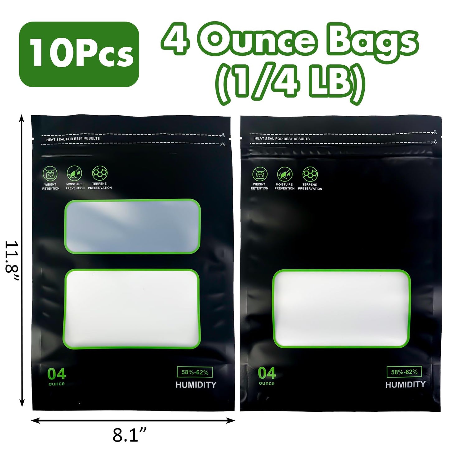 10 Pcs 1/4 LB Storage Terp Bags 58%-62% RH 2-Way Humidity Control Bags for Curing & Storage Resealable Humidity Bags (4 oz, 1/4 lb)