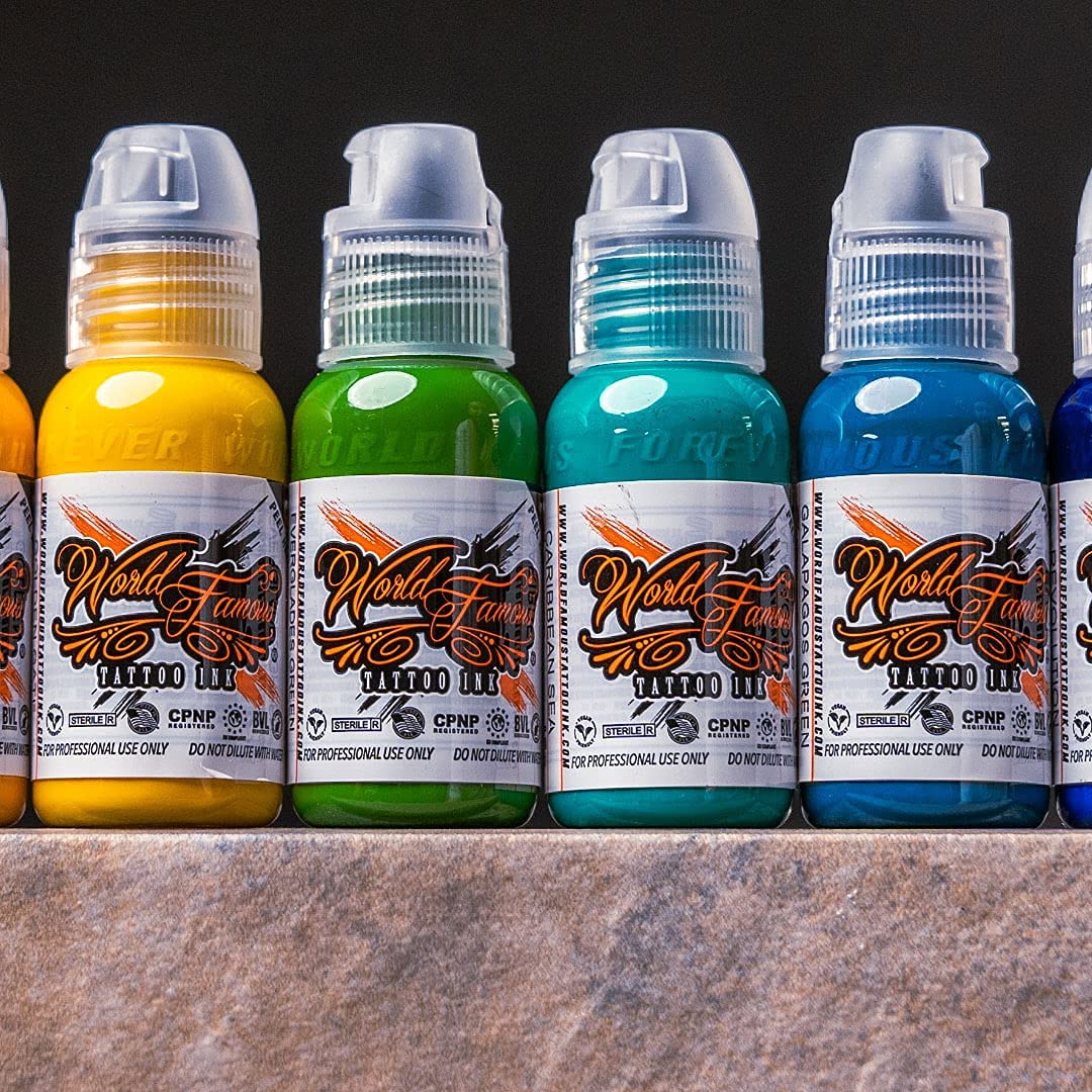 World Famous Tattoo Ink - 12 Primary Color Tattoo Kit #3 - Professional Tattoo Ink in Color Assortment, Includes White Tattoo Ink - Skin-Safe Permanent Tattooing - Vegan & Non-Toxic (1 oz Each)