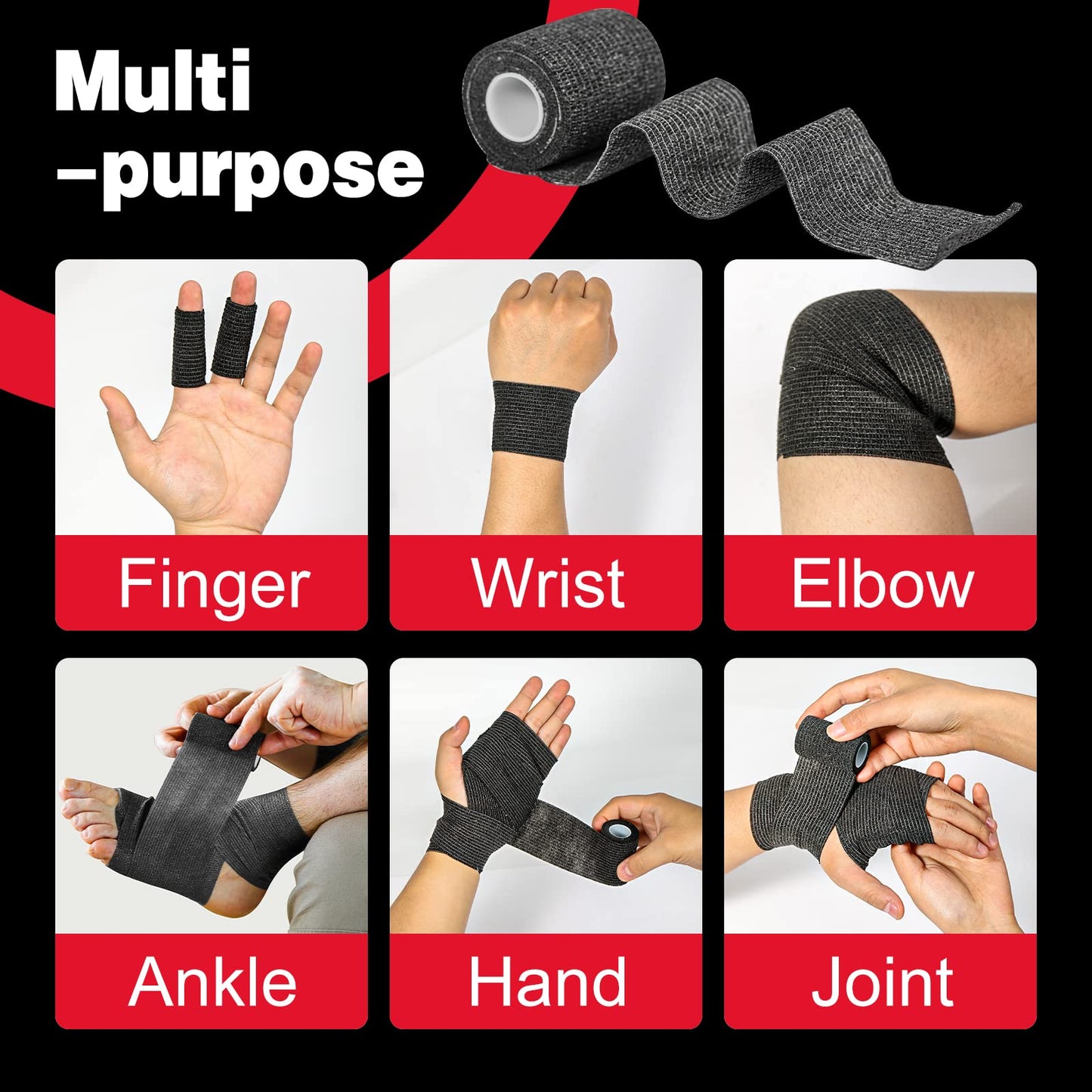 AZEN 16 Pack Self Adhesive Bandage Wrap Black, 2" X 5 Yards Black Athletic Tape, Vet Wrap, Tattoo Grip Tape Wrap,Ankle Tape, Cohesive Bandage Wrap