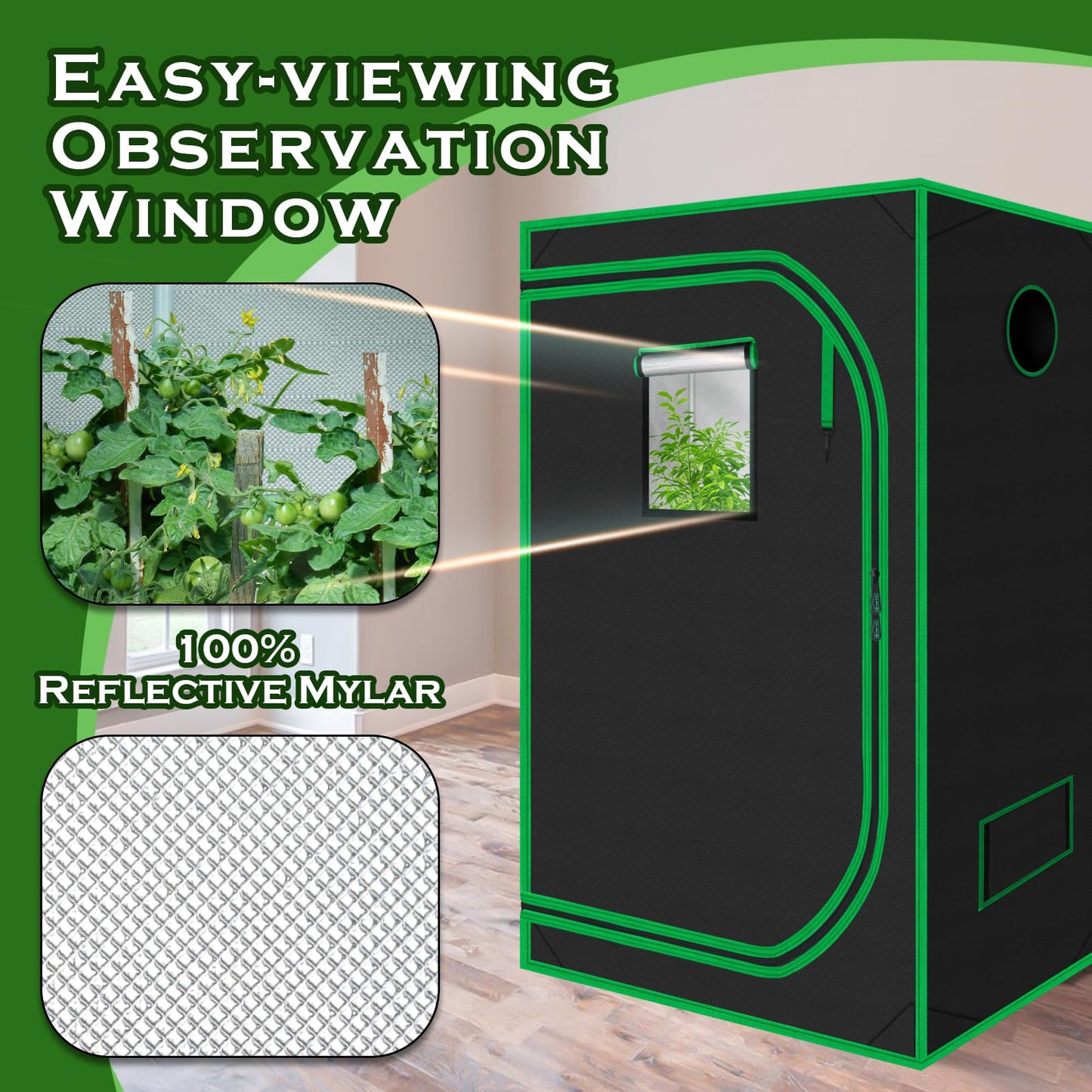 Green Hut Grow Tent for Plants Indoor 48"x48"x78" Mylar Hydroponic Grow Tents Indoor Grow Room for Plant Fruit Flower Veg with Observation Window & Removable Waterproof Floor Tray