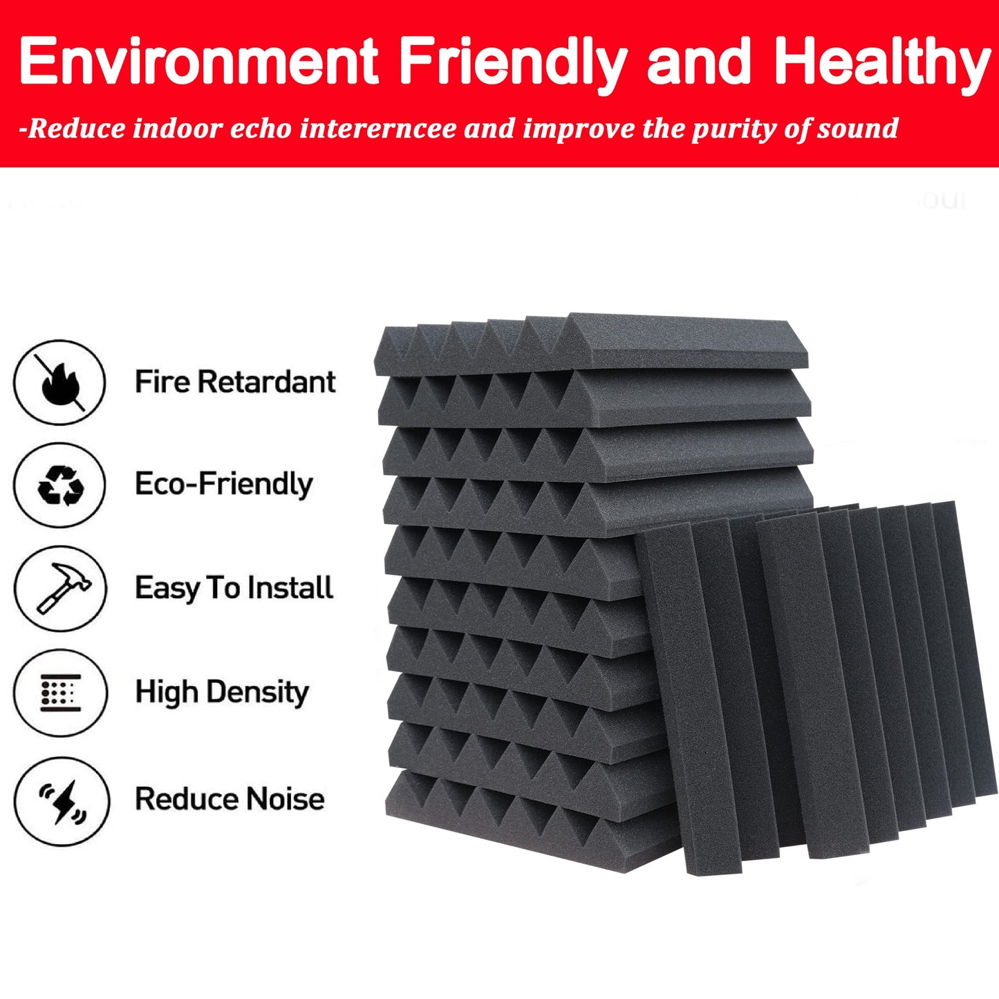 KTOESHEO 24 Pack Acoustic Panels,2" x 12" x 12"Sound Proof Foam Panels for Wall,Fireproof Absorbing Noise Cancelling Panels,to Absorb Noise and Eliminate Echoes. (12 red+12 black)