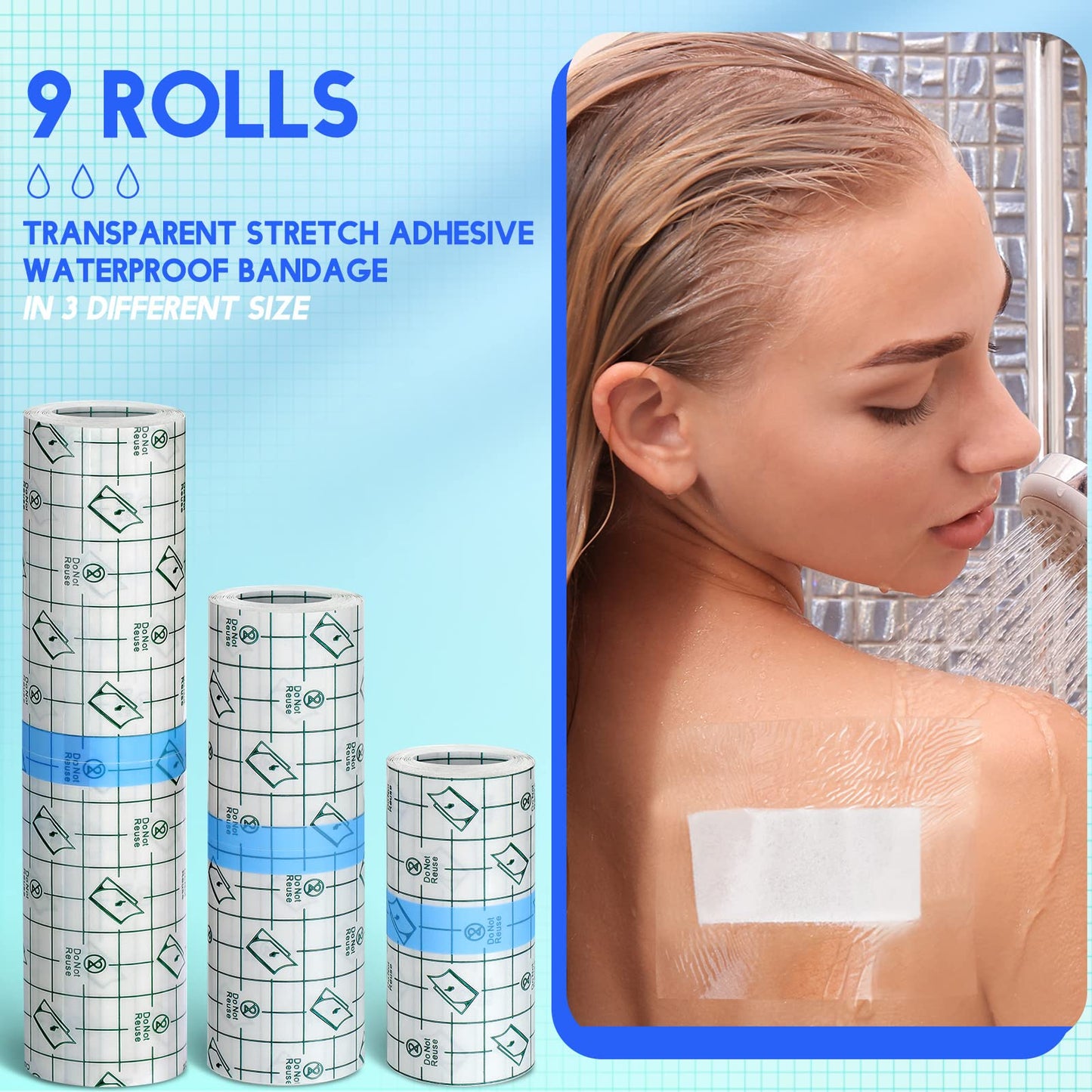 Nuanchu 9 Rolls Waterproof Bandages Transparent Film Dressing Roll Stretch Clear Adhesive Bandages Shower Dressing Tape for Shower Swimming Tattoo, 3 Sizes(4 Inch, 6 Inch, 8 Inch Wide)