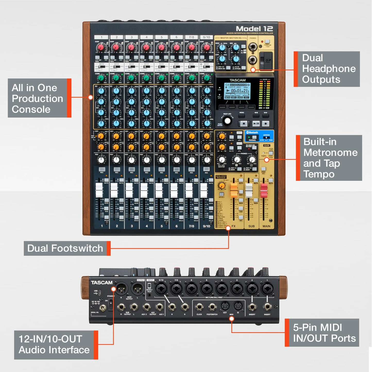 Tascam Model 12 All-in-One 12-track Digital Multitrack Mixing and Recording Studio, Mixer, USB Audio Interface and DAW Controller