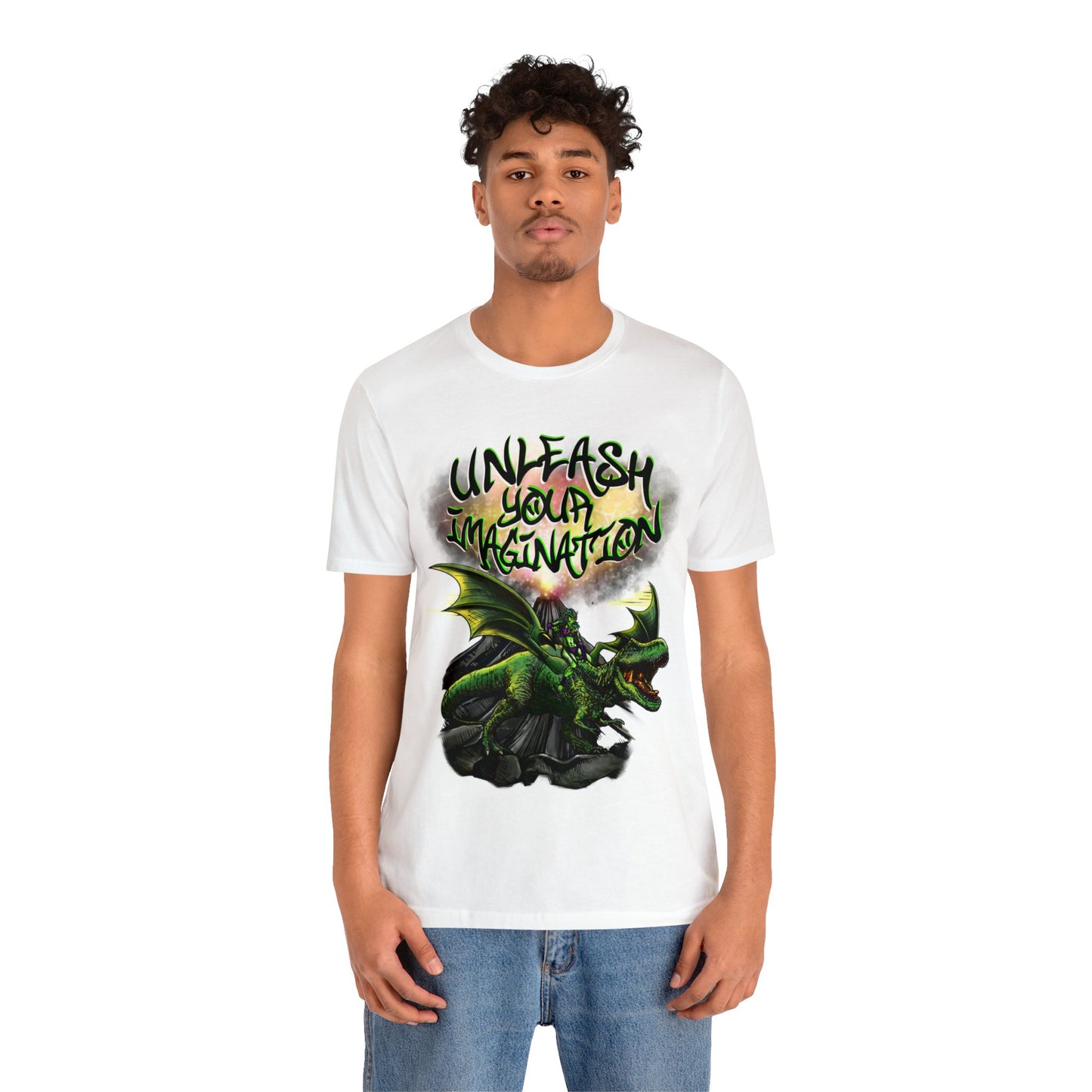 Unleash your Imagination, Green letters. Unisex Jersey Short Sleeve Tee