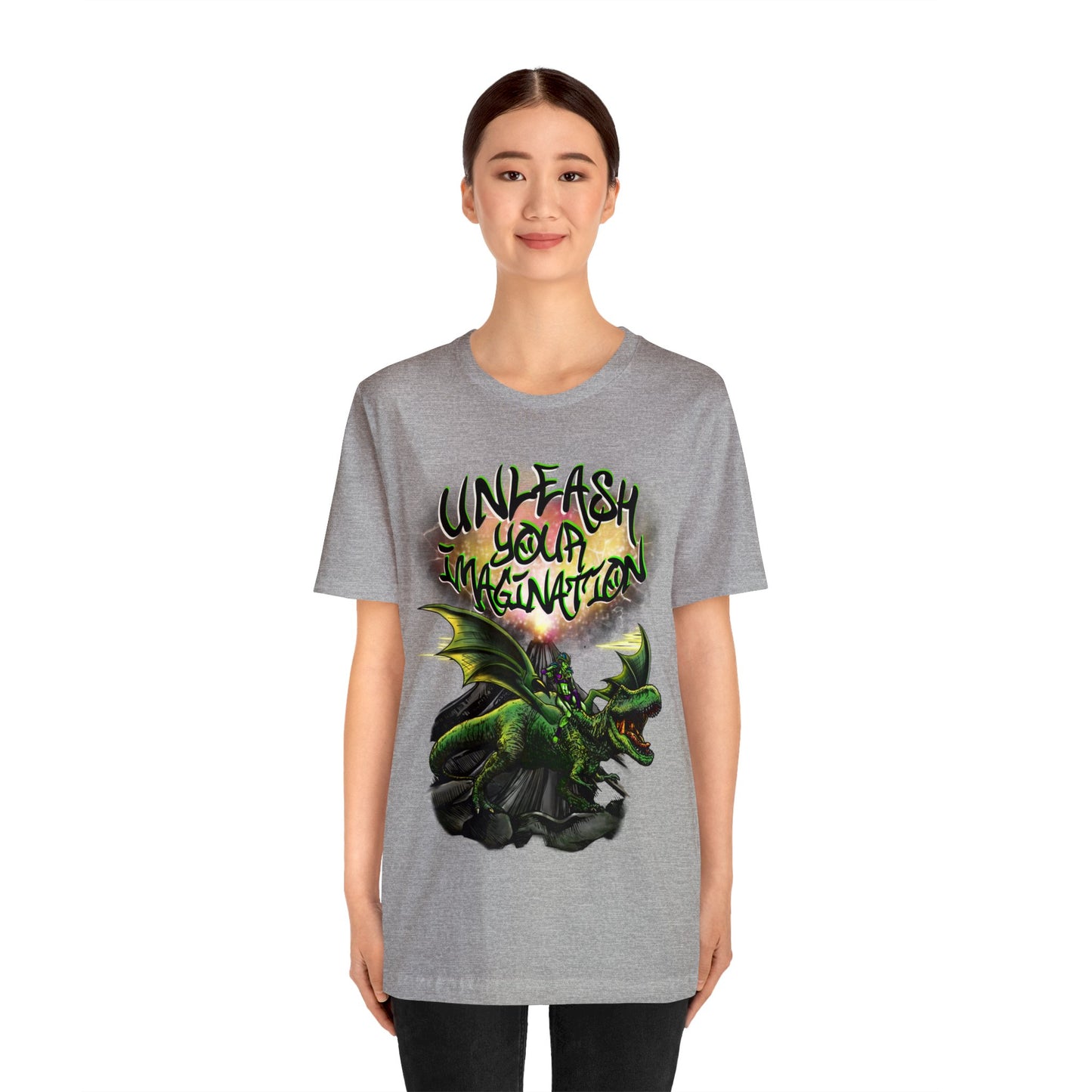 Unleash your Imagination, Green letters. Unisex Jersey Short Sleeve Tee