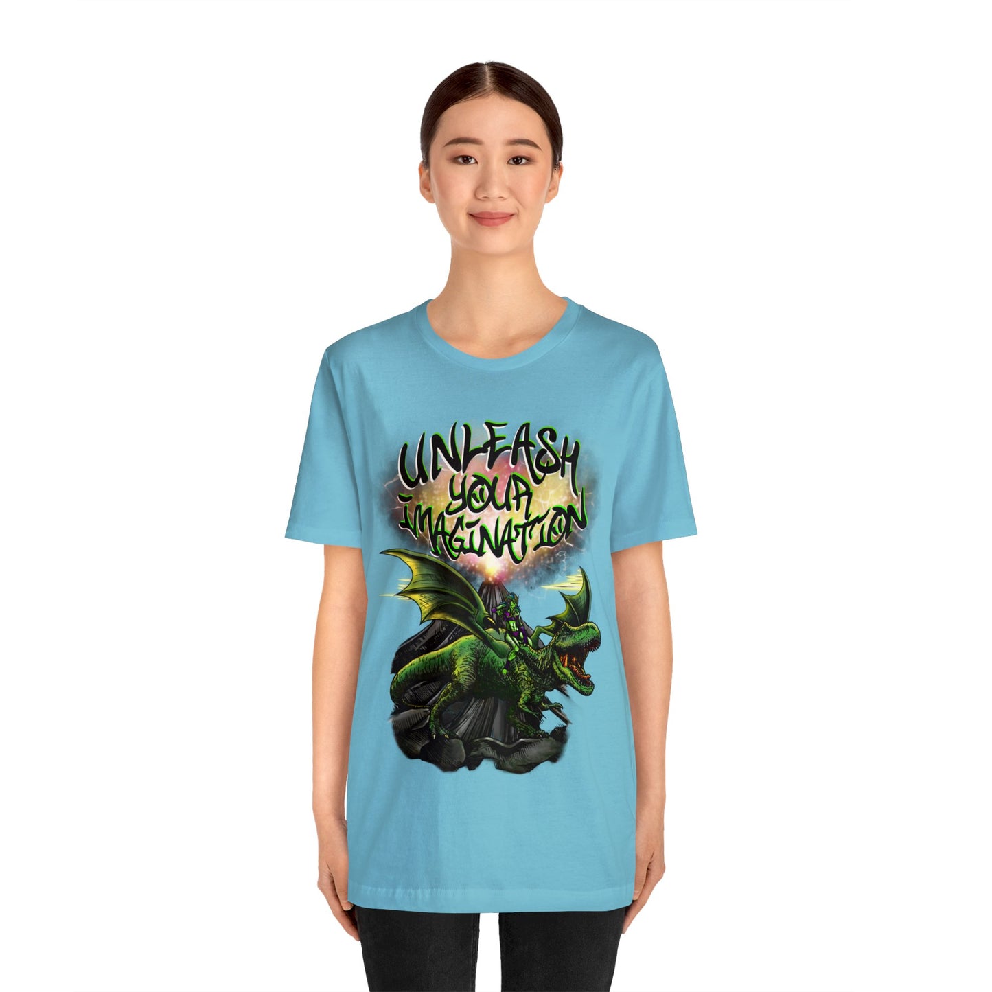 Unleash your Imagination, Green letters. Unisex Jersey Short Sleeve Tee