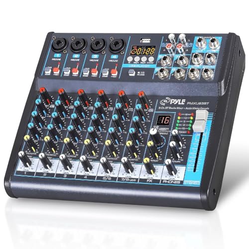 Pyle Professional Audio Mixer Sound Board Console Desk System Interface 8 Channel Digital USB Bluetooth MP3 Computer Input 48V Phantom Power Stereo DJ Studio FX 16Bit DSP Processor PMXU83BT, Black