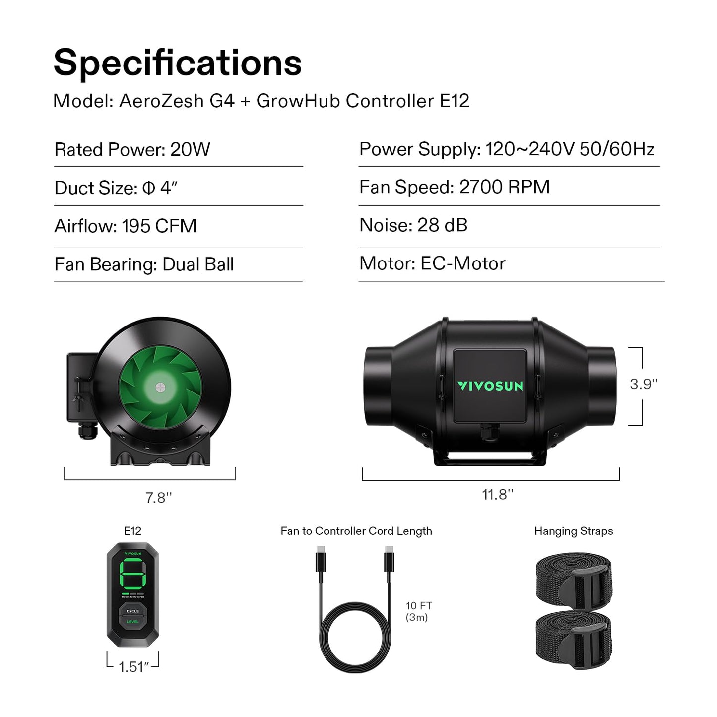 VIVOSUN AeroZesh G4 4-inch 195 CFM Inline Duct Fan with E12 Speed Controller, Entirely Programmable PWM-controlled EC Fan for Grow Tent Ventilation