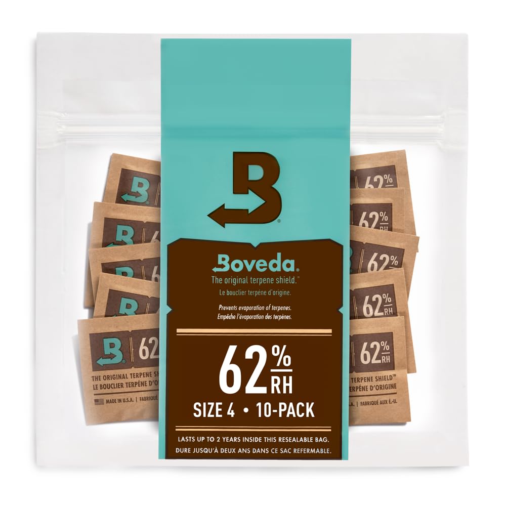 Boveda 62% Two-Way Humidity Control Packs For Storing ½ oz – Size 4 – 10 Pack – Moisture Absorbers for Small Storage Containers – Humidifier Packs – Hydration Packets in Resealable Bag