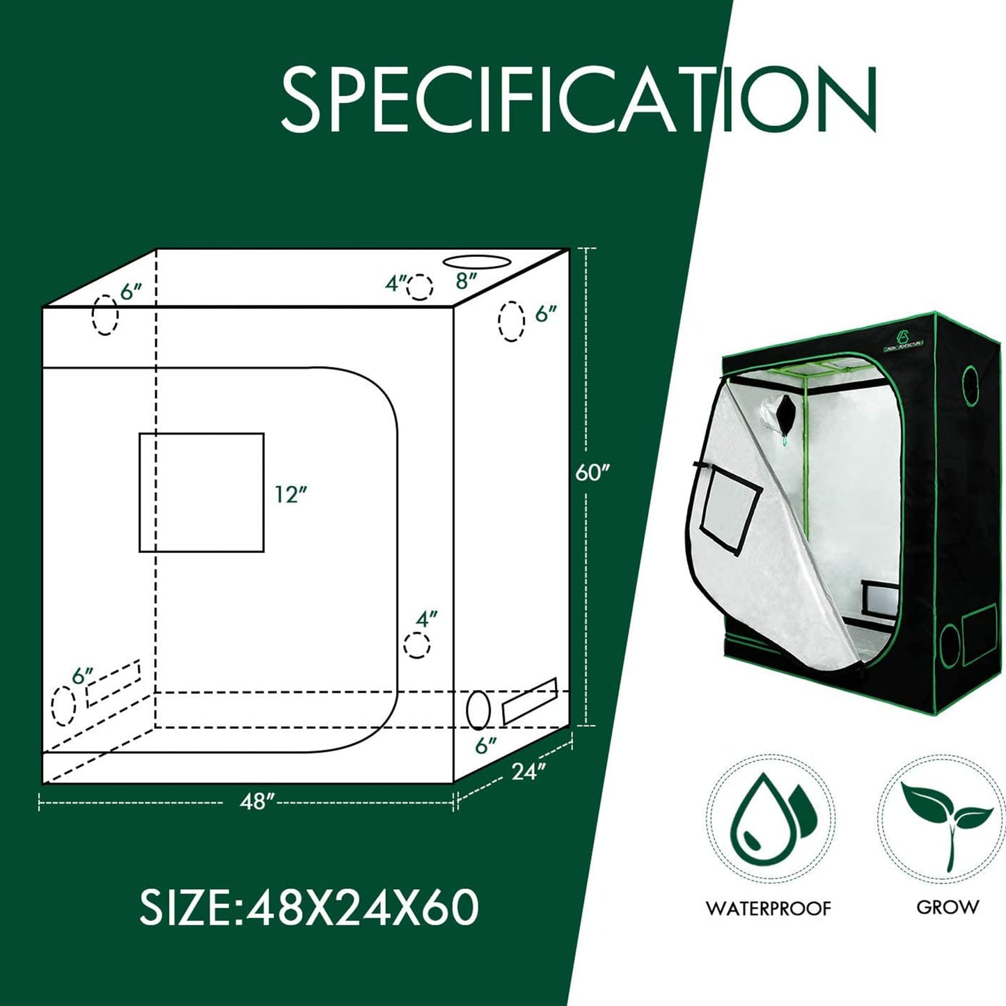 GA Grow Tent 48"x24"x60" 4'x2' Reflective Mylar Hydroponic Grow Tent with Observation Window and Waterproof Floor Tray for Indoor Plant Growing 2x2 3x3 4x4 (48x24x60)