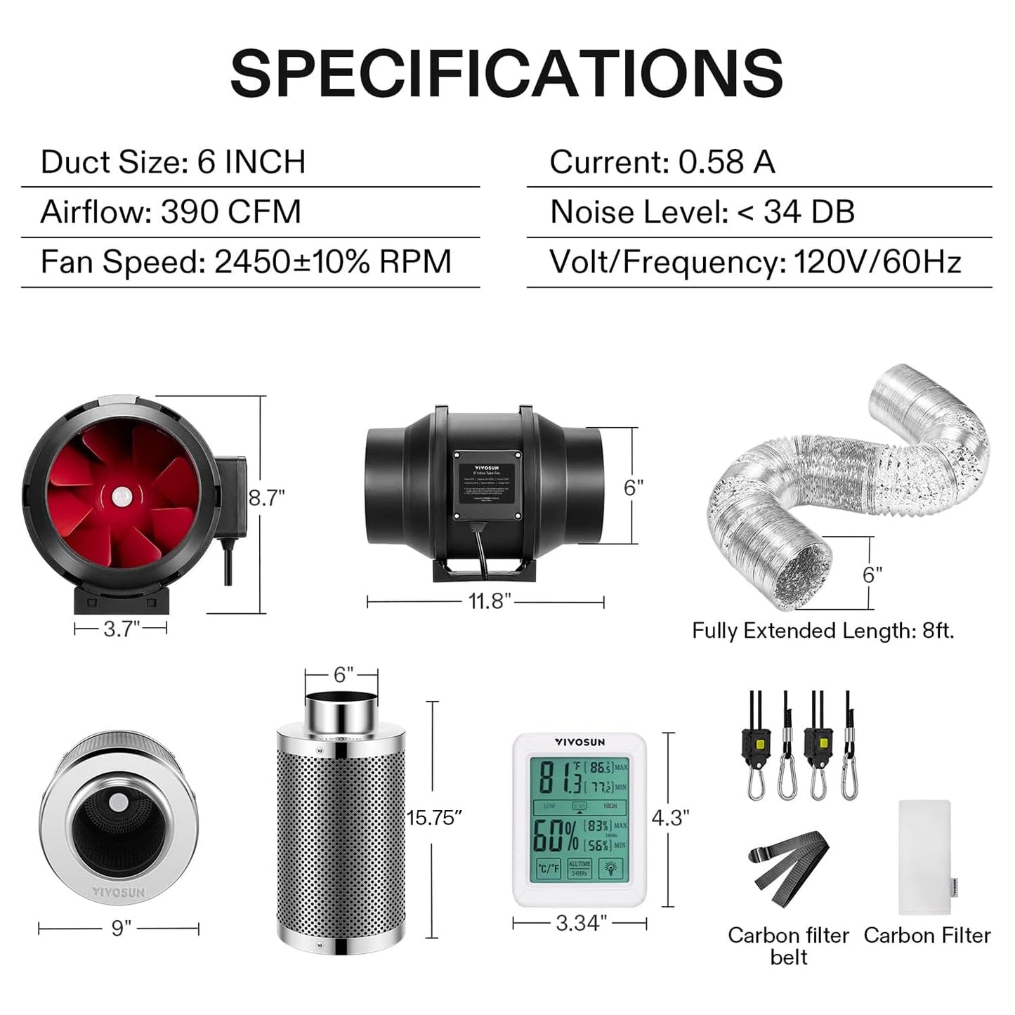 VIVOSUN 6 Inch 390 CFM Inline Fan with Speed Controller, 6 Inch Carbon Filter and 8 Feet of Ducting, Temperature Humidity Monitor for Grow Tent Ventilation