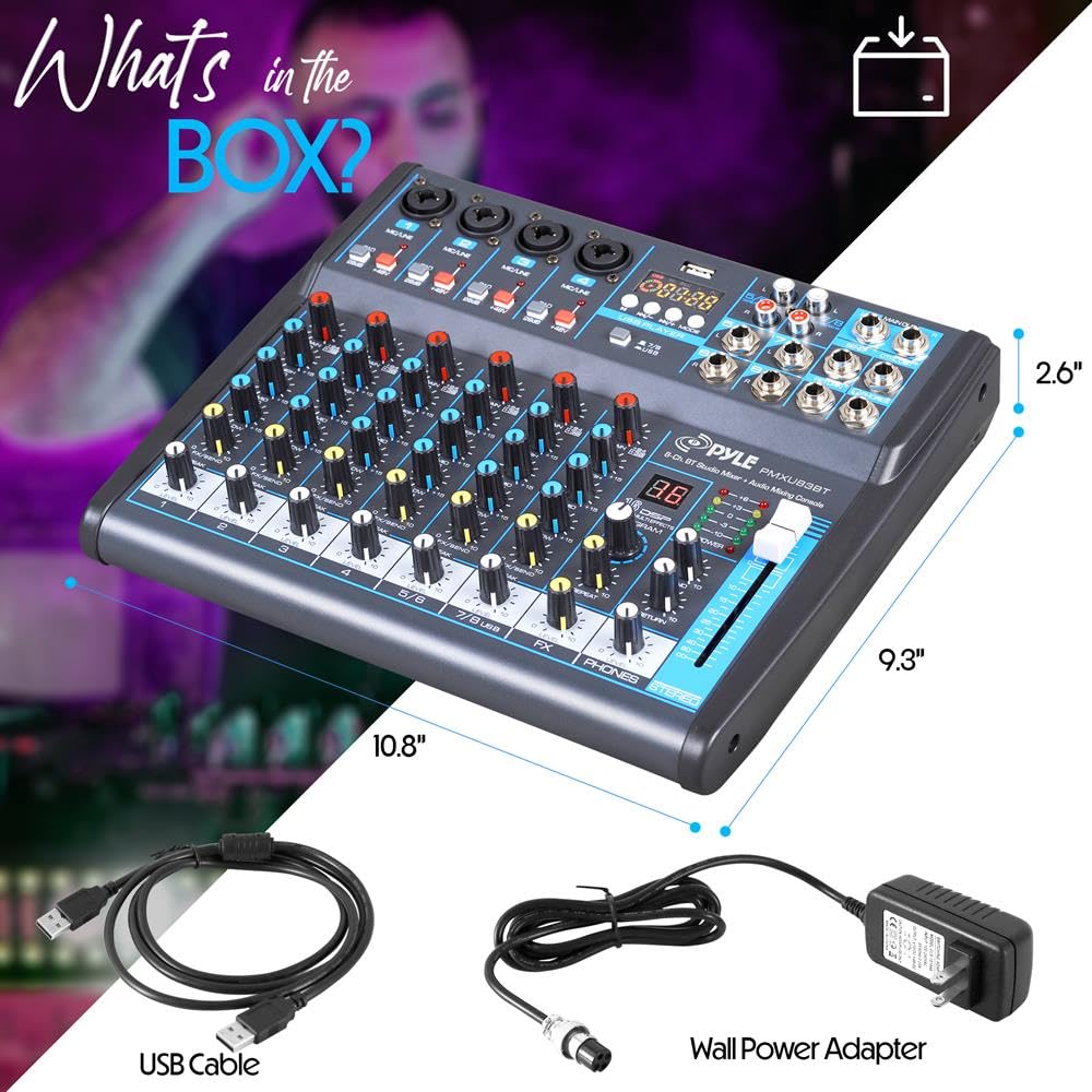 Pyle Professional Audio Mixer Sound Board Console Desk System- Interface 8 Channel Digital USB Bluetooth MP3 Computer Input 48V Phantom Power Stereo DJ Studio FX 16Bit DSP Processor, Black - PMXU83BT