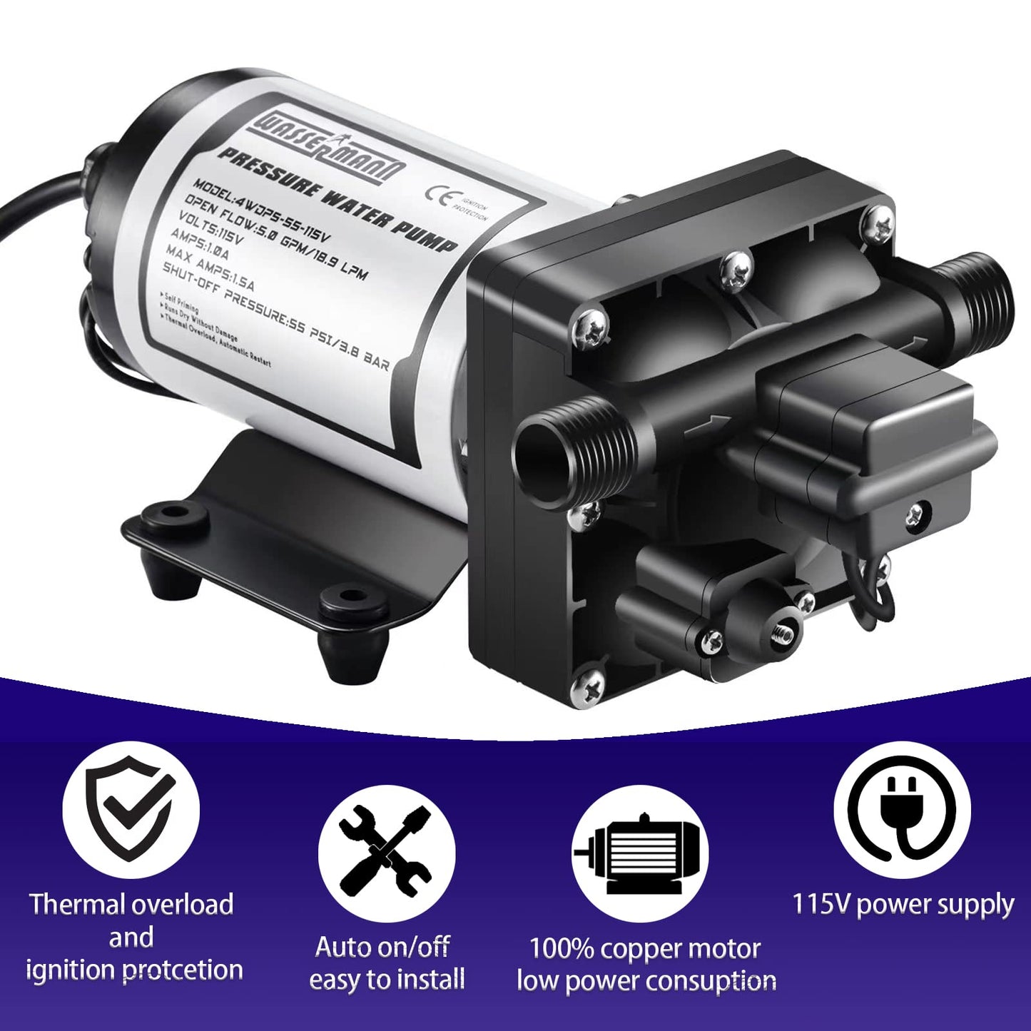 WASSERMANN Water Pressure Booster Pump 115V AC with Pressure Switch,Self-priming Water Pump 5.0GPM 55PSI,for RV Kitchen Barthroom Marine Yacht Garden