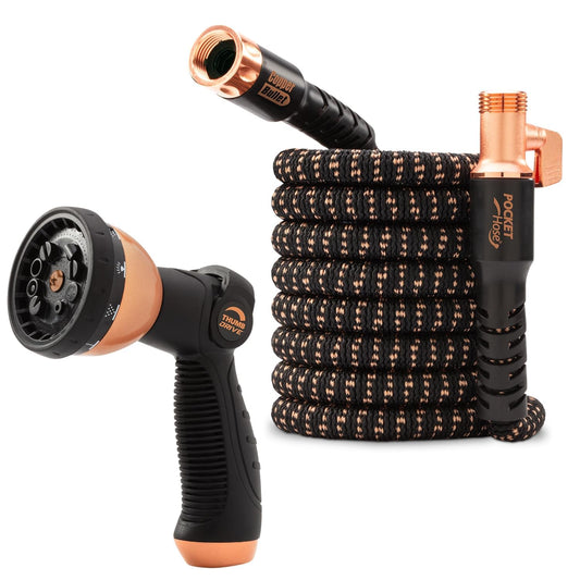 Pocket Hose Copper Bullet Expandable Garden Hose 50 FT w/10 Pattern Thumb Spray Nozzle AS-SEEN-ON-TV 650psi 3/4 in Patented Lead-Free Ultra-Lightweight Solid Copper Anodized Aluminum Fittings No-Kink
