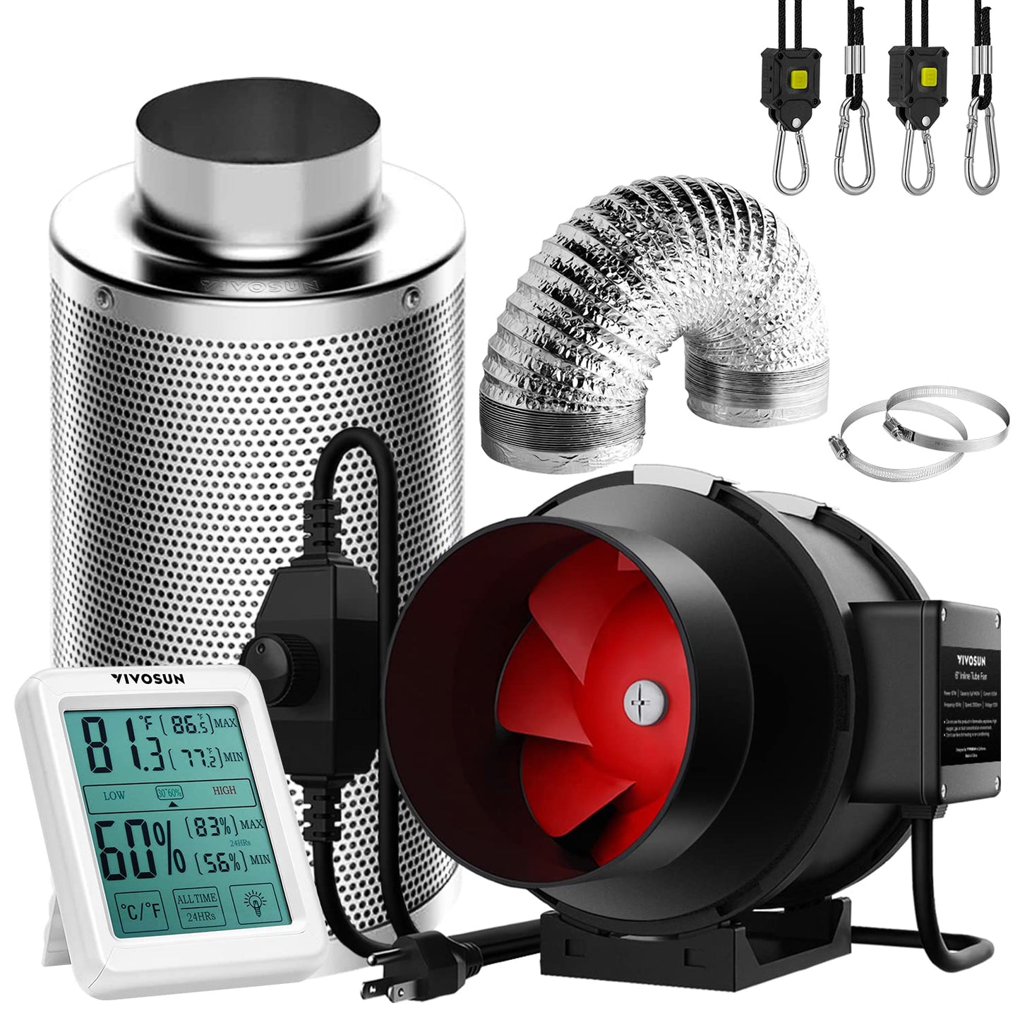 VIVOSUN 6 Inch 390 CFM Inline Fan with Speed Controller, 6 Inch Carbon Filter and 8 Feet of Ducting, Temperature Humidity Monitor for Grow Tent Ventilation