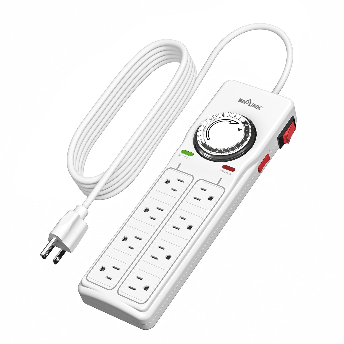 BN-LINK 8 Outlet Surge Protector with Mechanical Timer (4 Outlets Timed, 4 Outlets Always On) - White