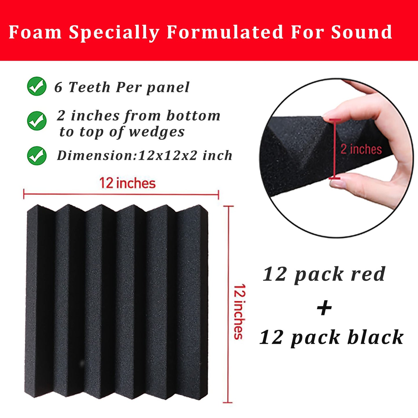KTOESHEO 24 Pack Acoustic Panels,2" x 12" x 12"Sound Proof Foam Panels for Wall,Fireproof Absorbing Noise Cancelling Panels,to Absorb Noise and Eliminate Echoes. (12 red+12 black)