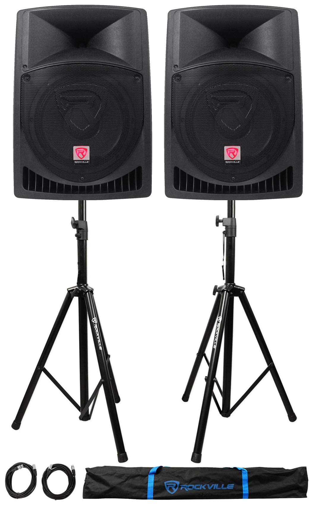 Rockville Pair RPG12 12" 1600w Powered PA/DJ Speakers + 2 Stands + 2 Cables+Bag