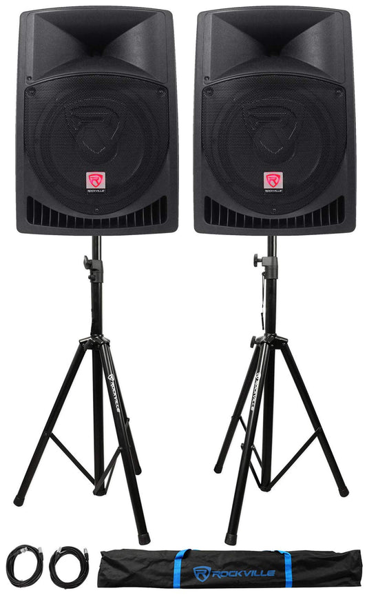 Rockville Pair RPG12 12" 1600w Powered PA/DJ Speakers + 2 Stands + 2 Cables+Bag