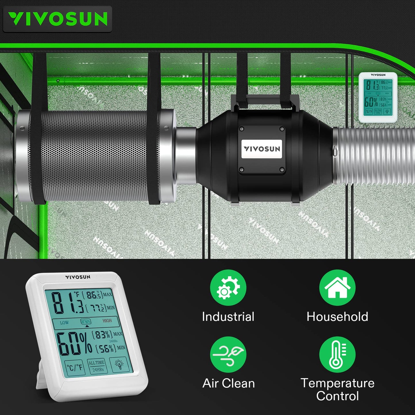 VIVOSUN 6 Inch 390 CFM Inline Fan with Speed Controller, 6 Inch Carbon Filter and 8 Feet of Ducting, Temperature Humidity Monitor for Grow Tent Ventilation