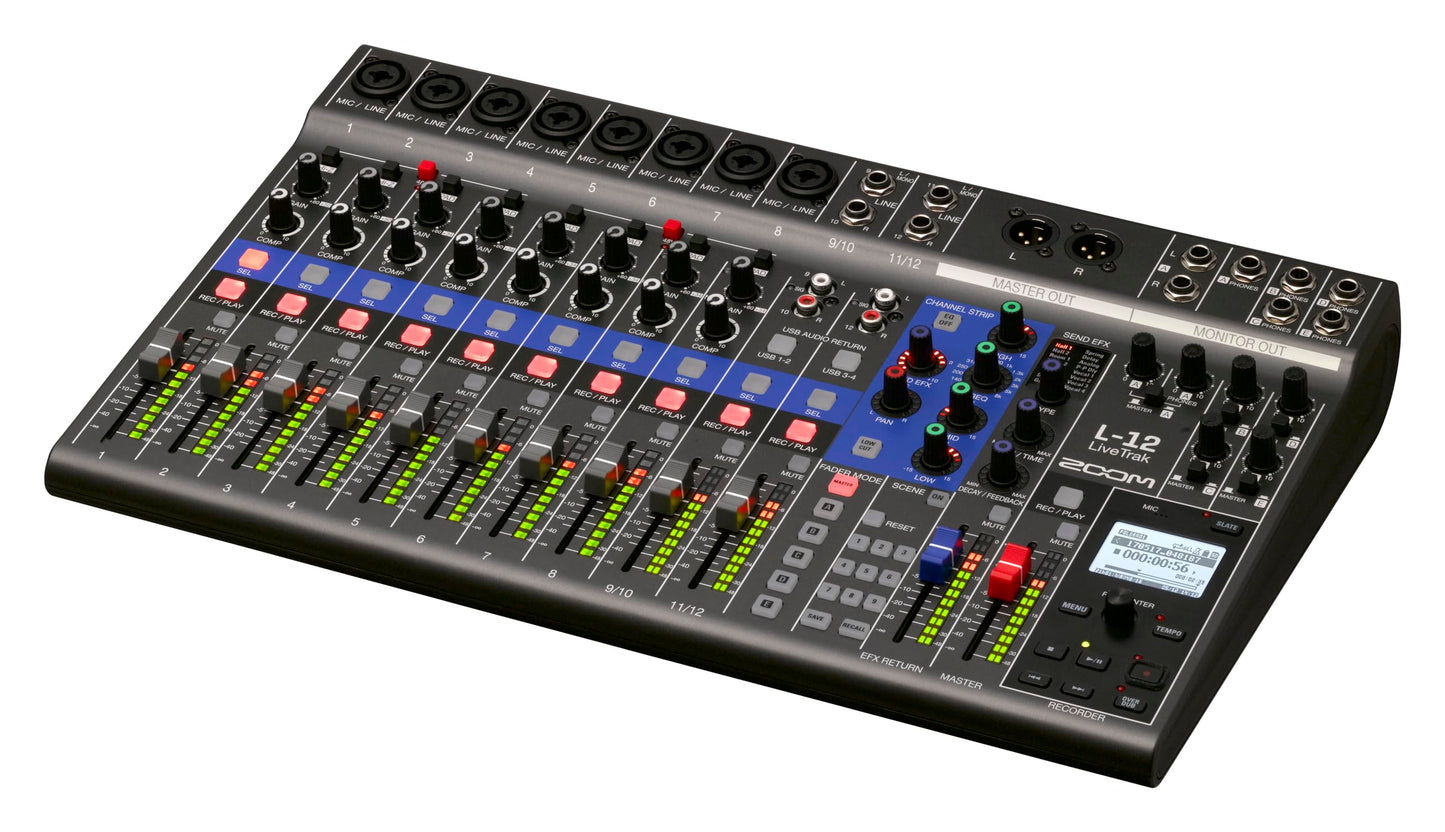 Zoom LiveTrak L-12 Digital Mixer & Multitrack Recorder, for Music, Podcasting, and More, 12-Input/ 14-Channel SD Recorder, 14-in/4-out USB Audio Interface, 5 Powered Headphone Outputs