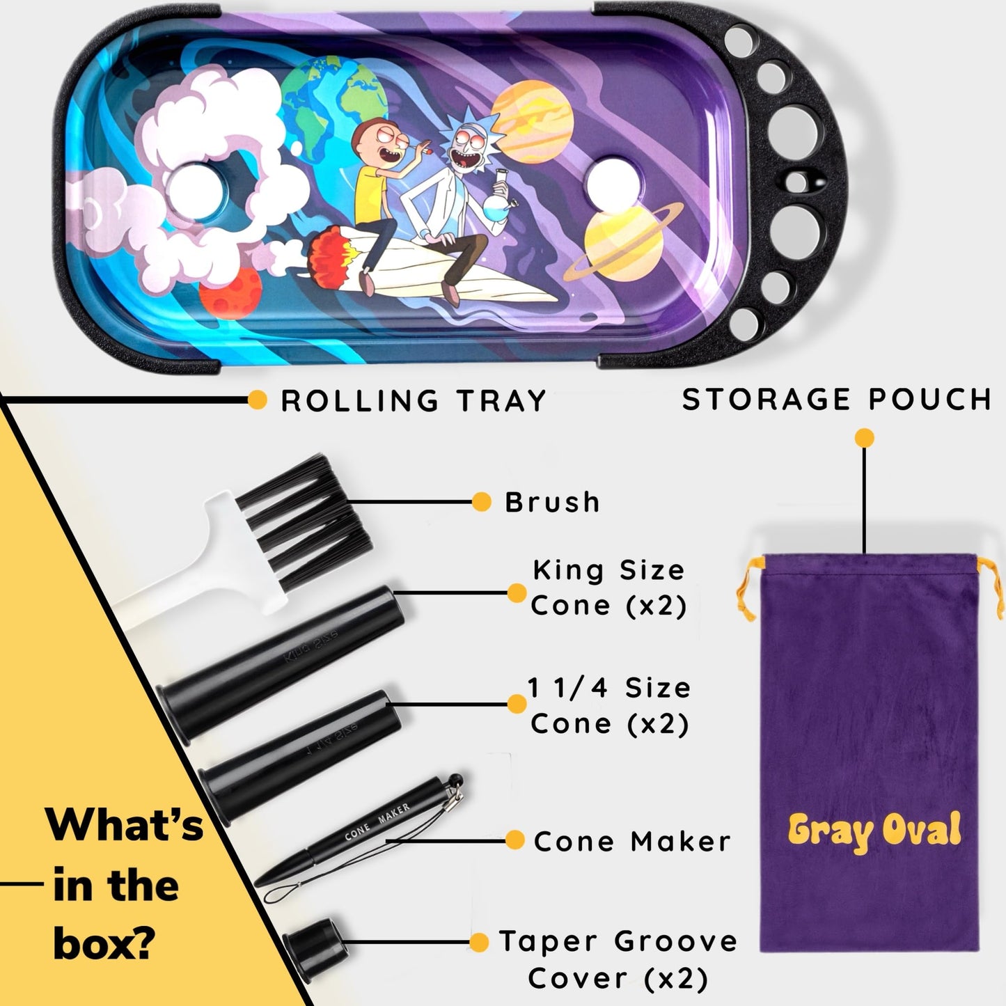 Rolling Tray with Cone Loader Accessories for King Size & 1 1/4 Size Pre Rolled Cones, Cone Filler & Foldable Stand - All-in-one Rolling Tray Set with Storage Bag by Gray Oval