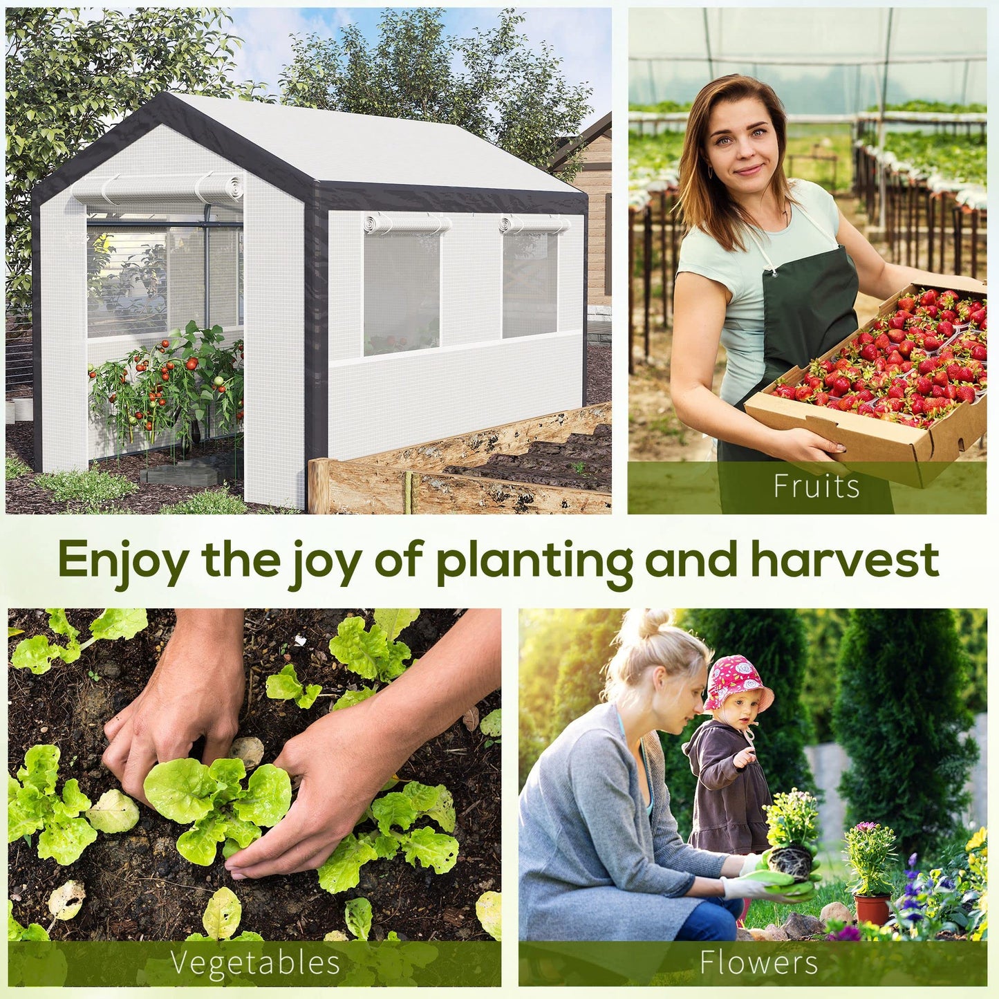 Outsunny 10' x 7' x 7' Greenhouse, Walk-in Outdoor Tunnel Green House with PE Cover, Steel Frame, 2 Roll-Up Zipper Doors & 4 Windows for Flowers, Vegetables, Tropical Plants, White