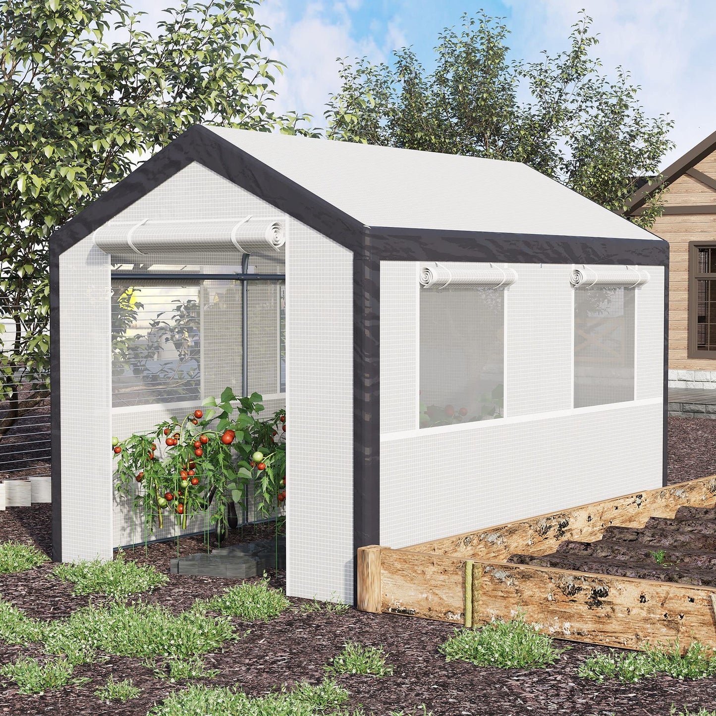 Outsunny 10' x 7' x 7' Greenhouse, Walk-in Outdoor Tunnel Green House with PE Cover, Steel Frame, 2 Roll-Up Zipper Doors & 4 Windows for Flowers, Vegetables, Tropical Plants, White